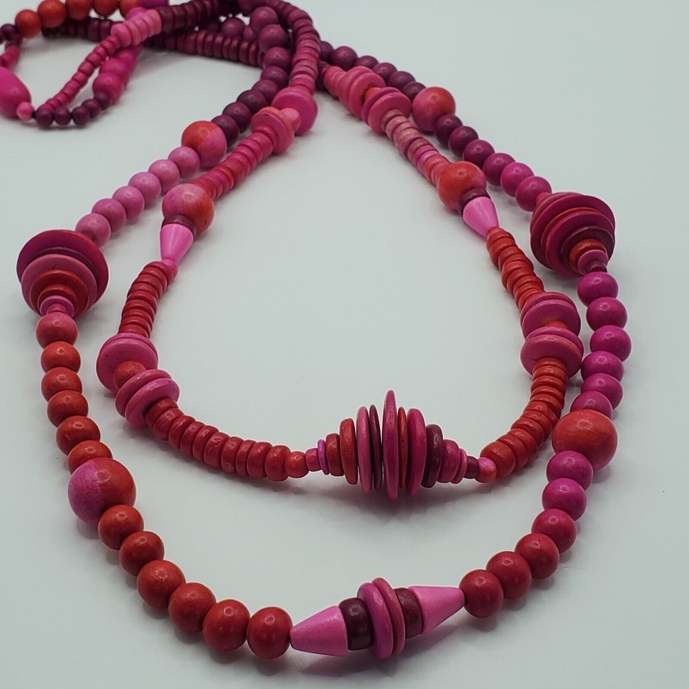 Womens Pink Wooden Beaded Necklace 2 Strand Boho Statement‎ Jewelry Festival